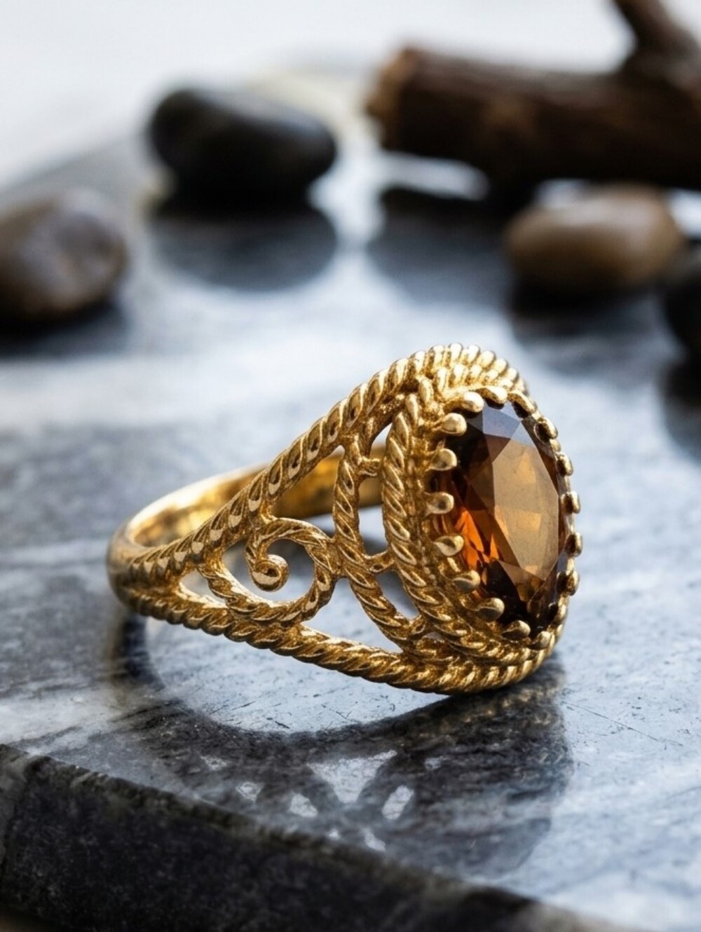 🌙Vintage 1970s Avon Smokeblaze Ring | Gold Tone Filigree Pear Faux Smoky Topaz